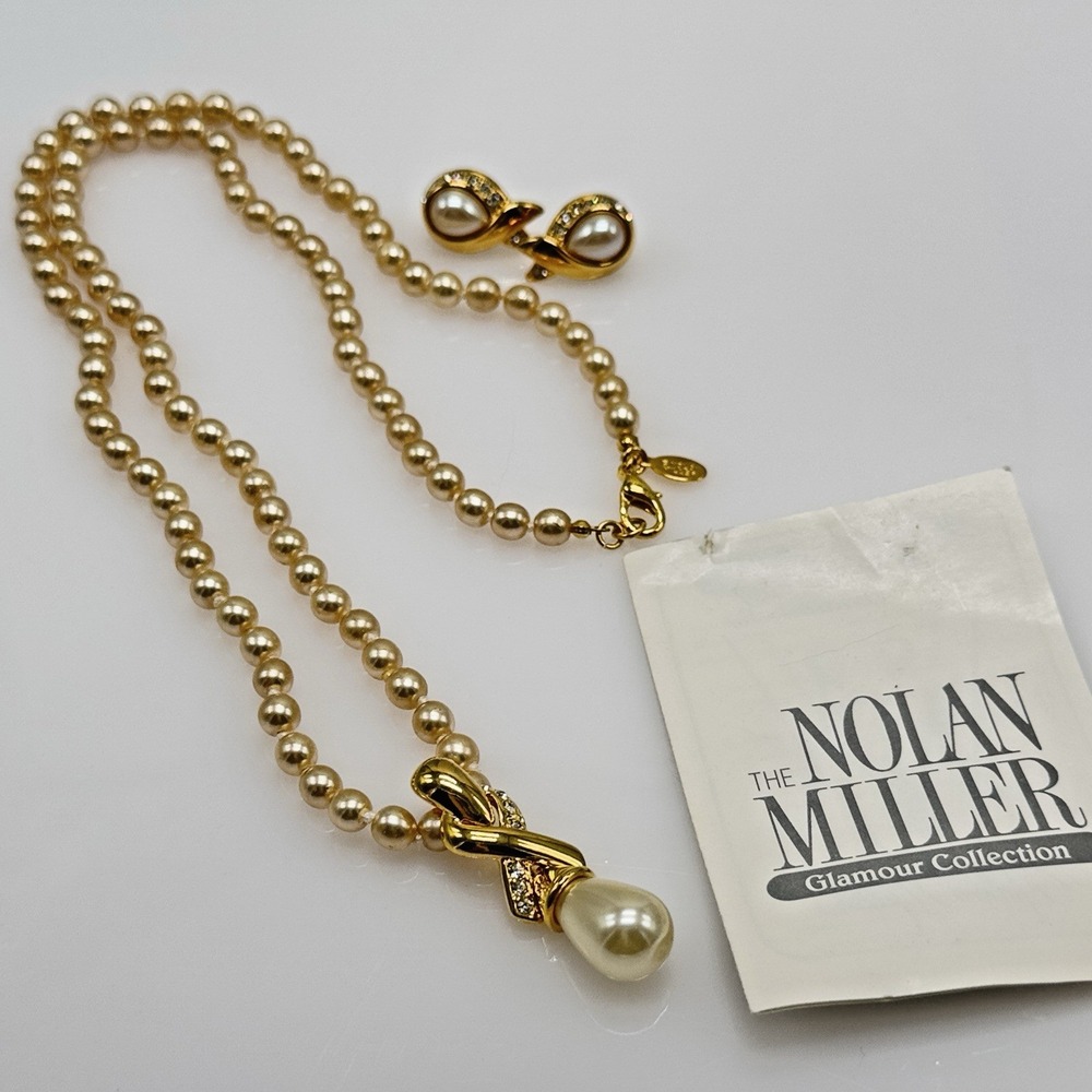 Nolan Miller Faux Pearl Necklace & Pierced Earrings Set  Removable Pendant 26"